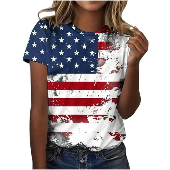 VerPetridure Patriotic Shirts for Women American Flag Shirt 4th of July Short Sleeve Crew Neck Graphic Tee USA Star Stripes Tops