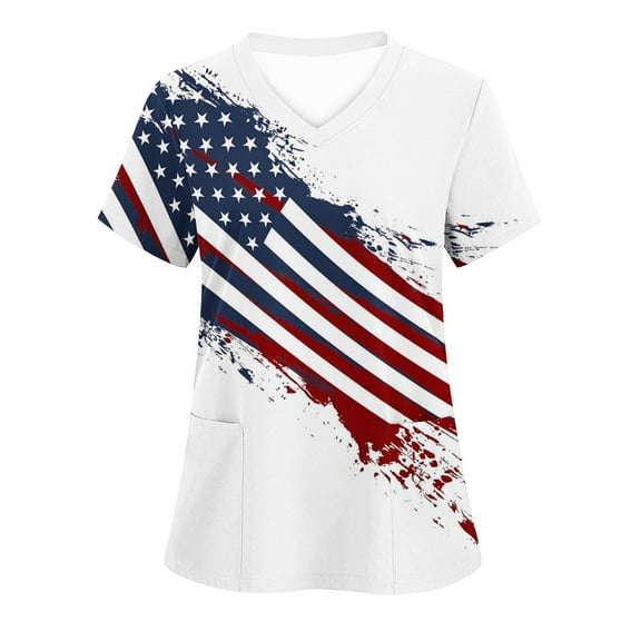 VerPetridure Patriotic Shirts for Women American Flag Shirt 4th of July Short Sleeve V-Neck Graphic Tee USA Star Stripes Tops
