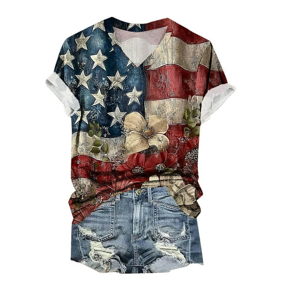 VerPetridure Patriotic Shirts for Women American Flag Shirt 4th of July Short Sleeve V-Neck Graphic Tee USA Star Stripes Tops