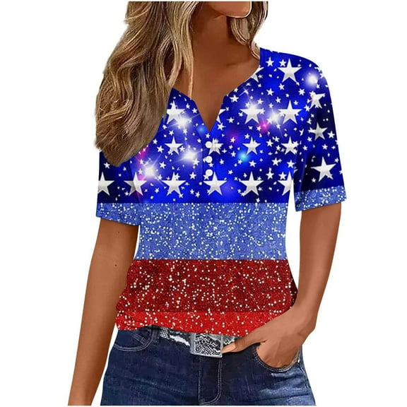 VerPetridure Patriotic Shirts for Women American Flag Shirt 4th of July Short Sleeve V-Neck Graphic Tee USA Star Stripes Tops