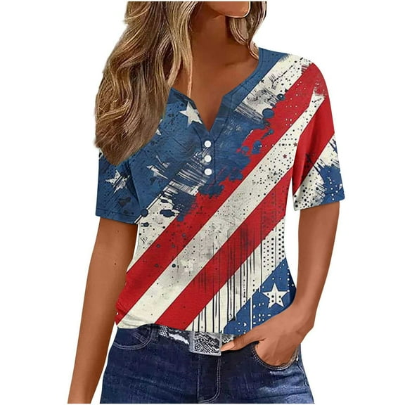 VerPetridure Patriotic Shirts for Women American Flag Shirt 4th of July Short Sleeve V-Neck Graphic Tee USA Star Stripes Tops