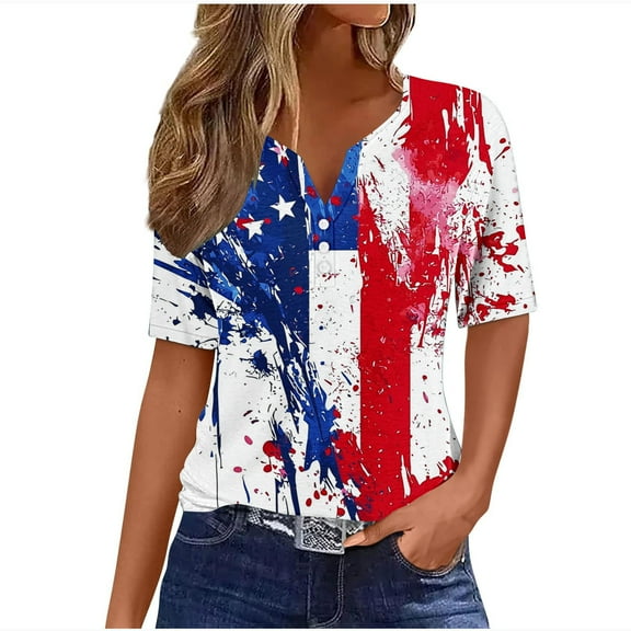 VerPetridure Patriotic Shirts for Women American Flag Shirt 4th of July Short Sleeve V-Neck Graphic Tee USA Star Stripes Tops