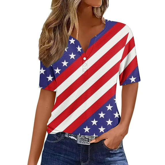 VerPetridure Patriotic Shirts for Women American Flag Shirt 4th of July Short Sleeve V-Neck Graphic Tee USA Star Stripes Tops