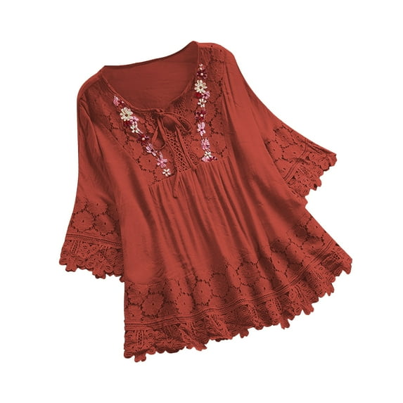 VerPetridure Plus Size Blouse Women Vintage Lace Patchwork Bow V-Neck Embroidery Summer Three Quarter Retro Solid Tops T-Shirt