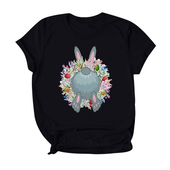 Utoimkio Plus Size Happy Easter Short Sleeve Tshirts Bunny Graphic T-Shirt Womens Summer Tee Tops Plus Size Women's Fashion Easter Rabbit Wreath Print Crew Neck Loose Short Sleeve Blouse Top