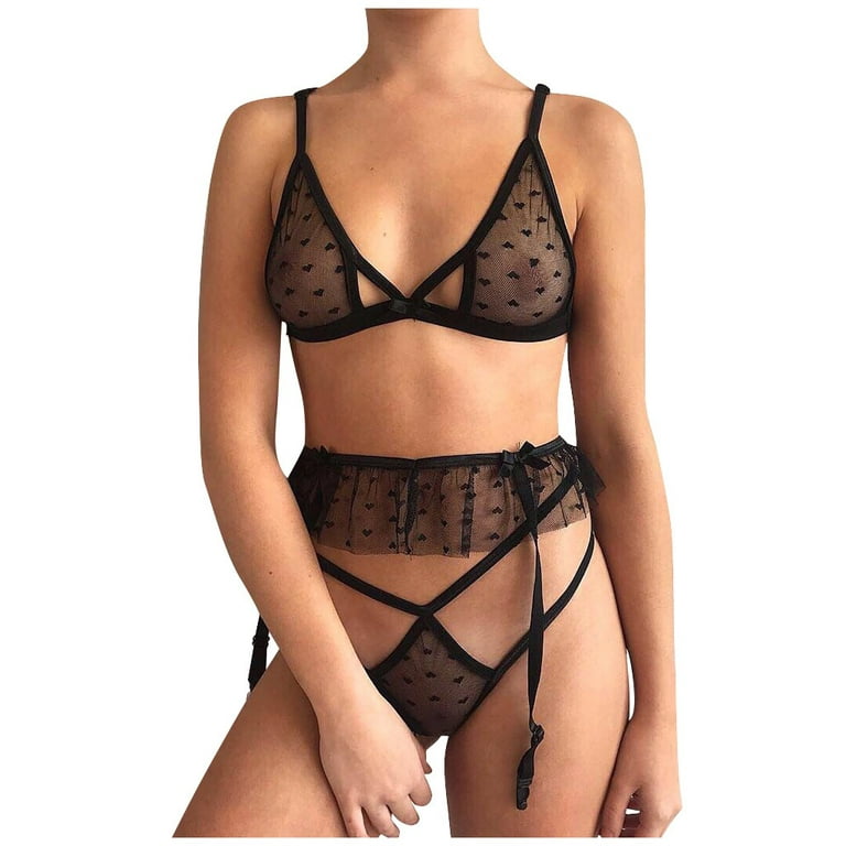 Womens Plus Size Black Bra and Panty Gartered Net and Lace Lingerie Bra Set  at  Women's Clothing store