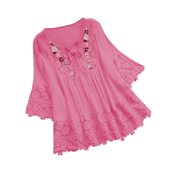 VerPetridure Plus Size Shirts Women Vintage Lace Patchwork Bow V-Neck Tops Embroidery Summer Three Quarter Retro Cute T-Shirt