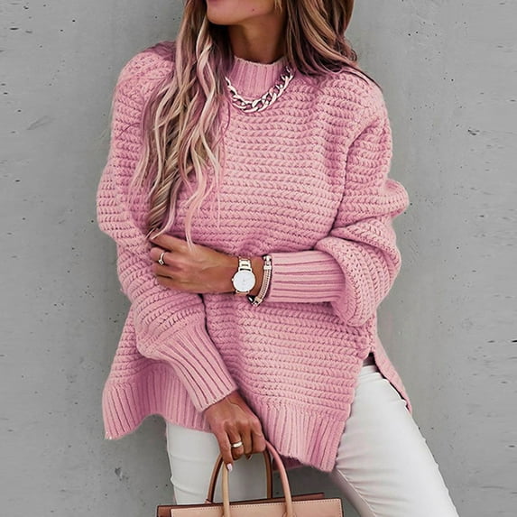 VerPetridure Pullover Sweaters for Women Clearance Long Sleeve Crewneck Loose Split Sweaters Solid Knitted Outwear Jumper Tops