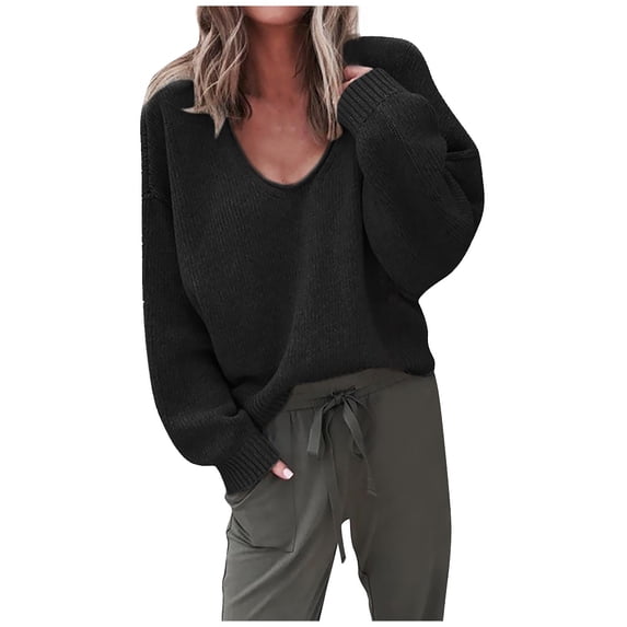 VerPetridure Pullover Sweaters for Women Clearance Loose V Neck Long Sleeve Sweaters Winter Knitted Sweater Outwear Jumper Tops