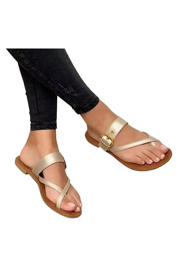 Sandals for Women Dressy Summer Women Shoes Cross Toe Thread Metal Belt Buckle Flat Female Roman Sandals Slipper