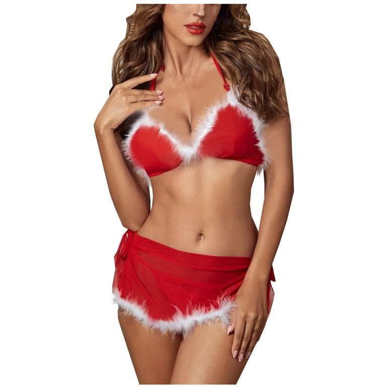 Plus Size Christmas Plaid Pattern Furry Decor Sexy Lingerie - Temu Canada