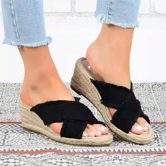 VerPetridure Slippers For Women Summer Solid Color Denim Cross Slope Wedge Heel Hemp Rope Thick Soled Round Head Beach Sandals