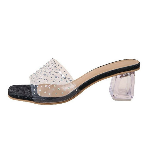 VerPetridure Summer Sandals for Women 2023 Women's Summer Fashion Casual Square Head Slippers Rhinestone Decoration Middle Heel Slippers