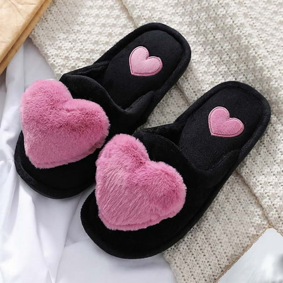 VerPetridure Valentine's Day Women's Flat Sandals Fuzzy Slippers Love Plush Cozy Furry Slides Soft Warm House Slippers