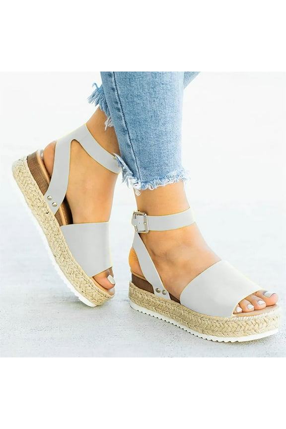 Woman Summer Sandals Open Toe Buckle Ankle Strap Espadrilles Flatform Wedge Casual Sandal