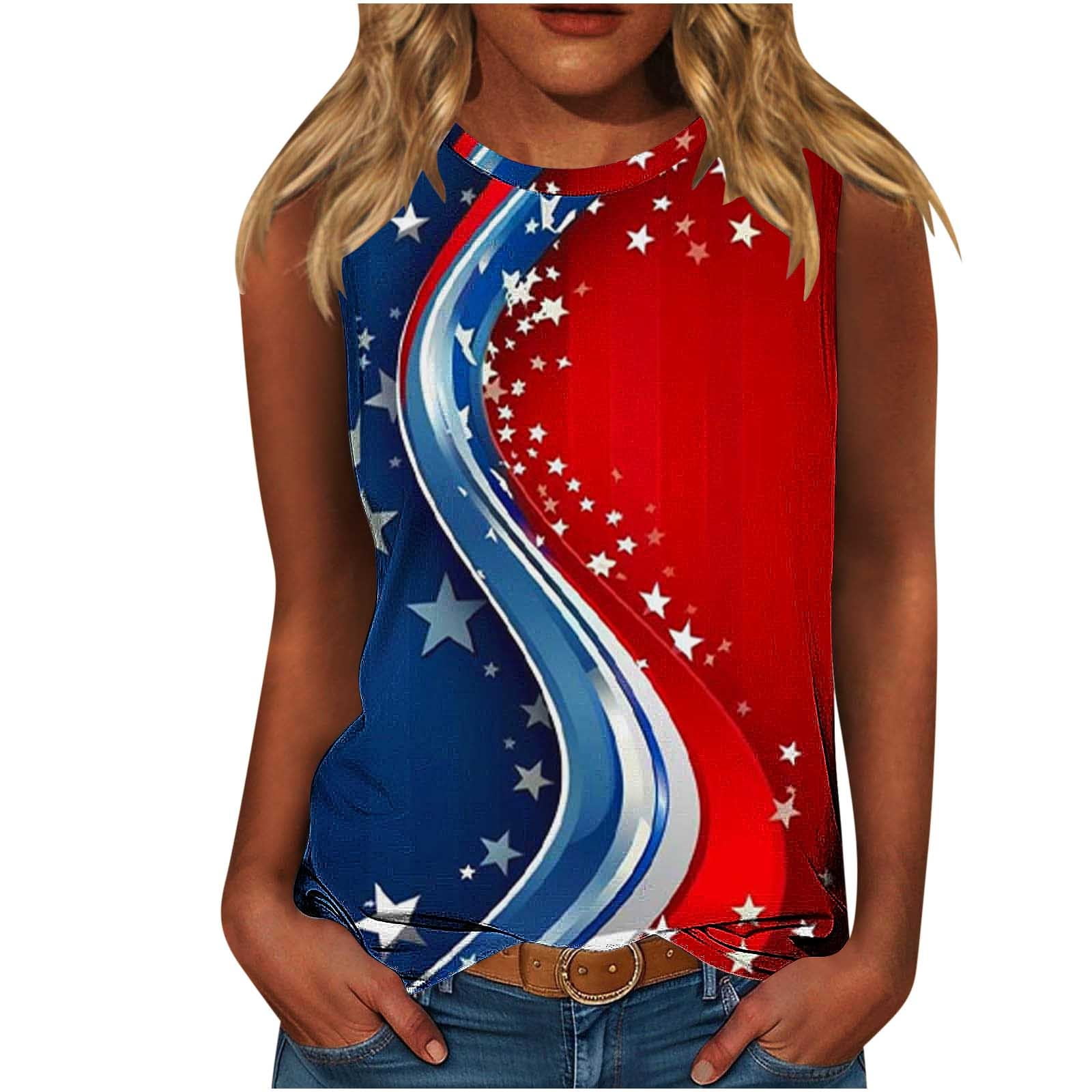 Women's Patriotic USA Flag Print T-Shirt - Short Sleeve Crewneck Top For Memorial Day & Summer