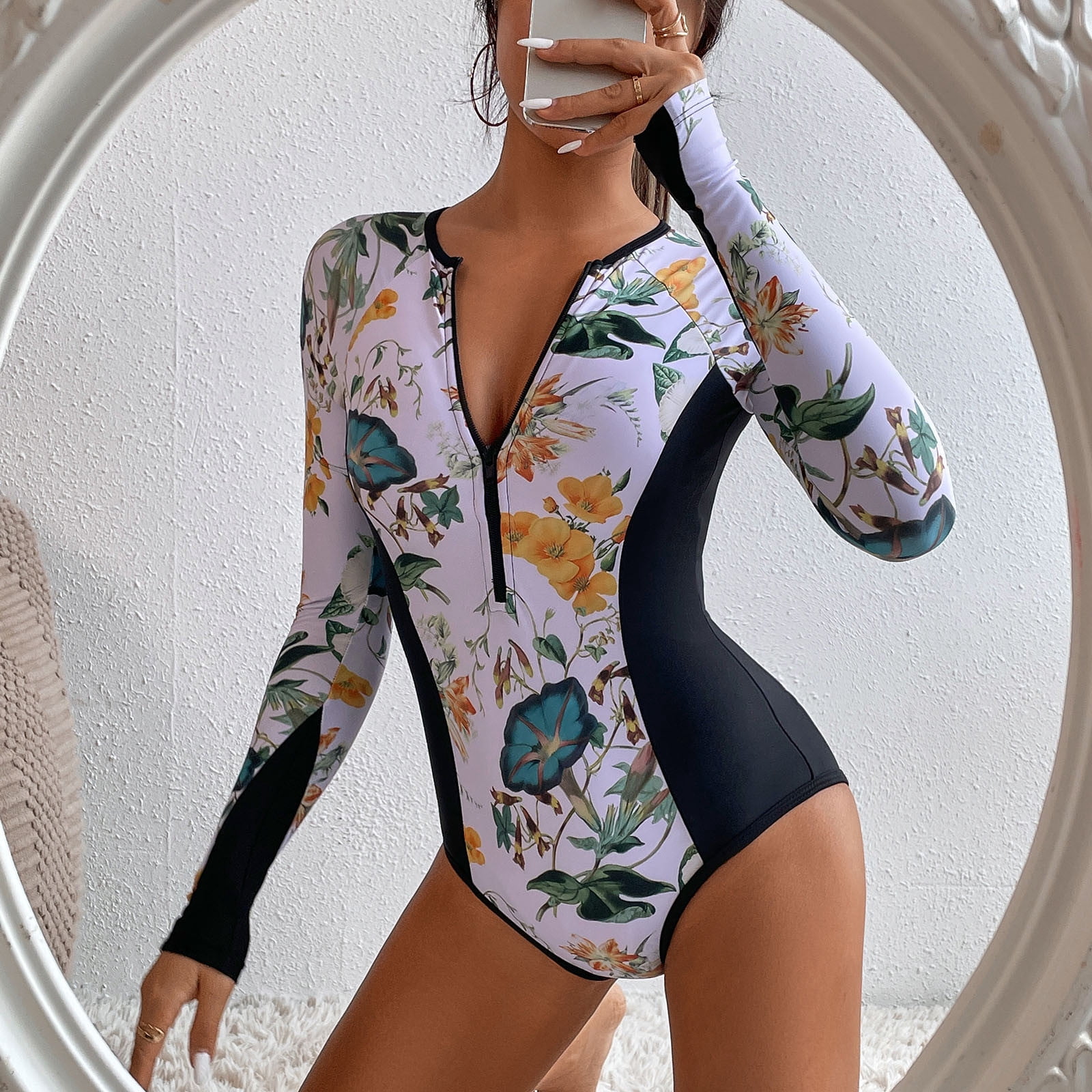 Women's Long Sleeve One Piece Rash Guard Swimsuit - UPF 50+ Sun Protection, Front Zipper, Floral Print