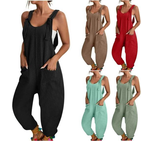 VerPetridure Women's Adjustable Strap Baggy Jumpsuits Bib Overalls for Women Summer Casual Loose Sleeveless Rompers Solid Wide Leg Long Pants with Pockets
