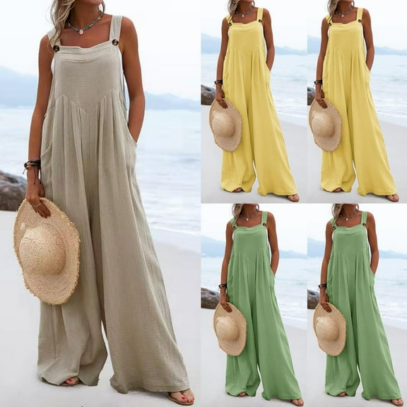 Utoimkio Women's Adjustable Strap Baggy Jumpsuits Bib Overalls for Women Summer Casual Loose Solid Sleeveless Rompers Wide Leg Long Pants with Pockets
