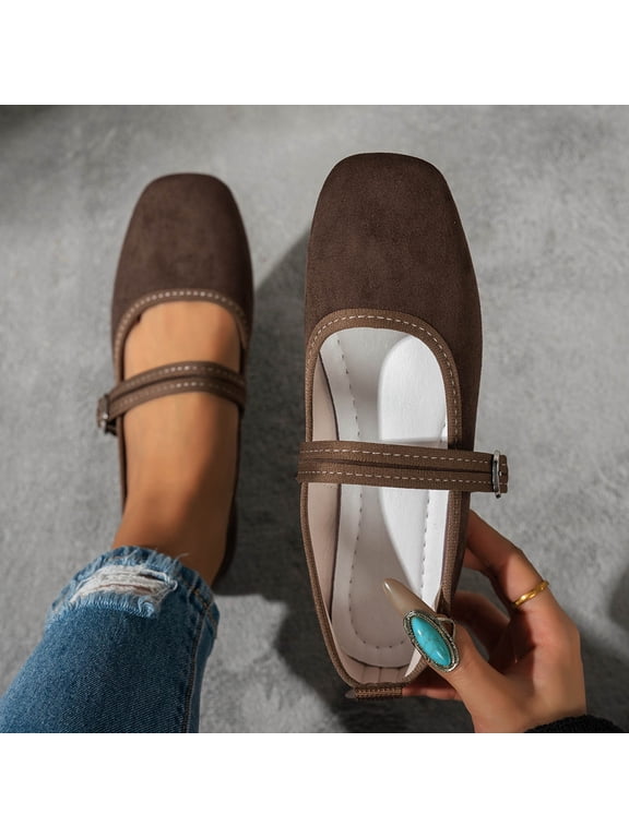 Women's Ballet Flats,Square Toe Velvet Mary Jane Shoes Women,Comfortable Dress Shoes for Women Dressy, Coffee Size 7.5