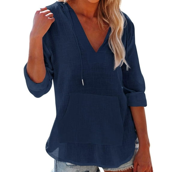 VerPetridure Women's Beach Cover Up Casual V Neck Long Sleeve Linen Hoodie Pullover Tops Lightweight Hooded Shirt with Pocket