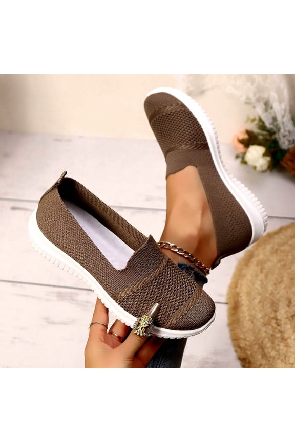 Women’s Breathable Walking Shoes-Slip On Mesh Knitted Flats Soft Gym Sneakers Flexible Lightweight Casual Easy Shoes, Brown Size 5.5