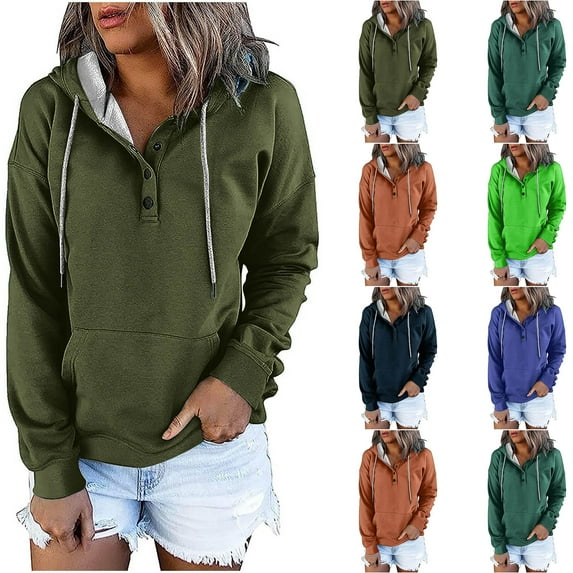 VerPetridure Women's Casual Hoodies Button Collar Pullover Tops Drawstring Long Sleeve Hooded Sweatshirts Relaxed Fit Fall Clothes with Pocket