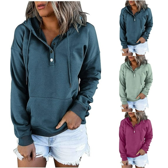 VerPetridure Women's Casual Loose Hooded Sweatshirts Long Sleeve Button Collar Drawstring Hoodies Pullover Sweatshirts Solid Pullover Tops with Pockets