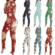 VERPETRIDURE Women's Christmas Long Sleeve Button Down Jumpsuits for Women Elk Print Casual One Piece Pajamas Outfits Straight Leg Long Pants Home Sleepwear