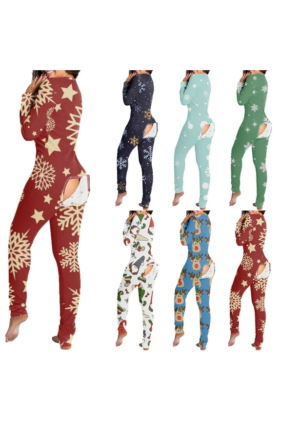 Women's Christmas Long Sleeve Button Down Jumpsuits for Women Elk Print Casual One Piece Pajamas Outfits Straight Leg Long Pants Home Sleepwear