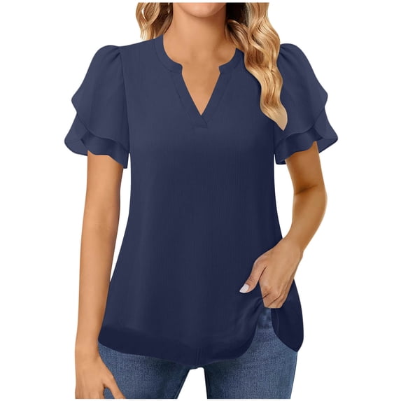 VerPetridure Women’s Dressy Casual Blouses Chiffon V Neck Petal Short Sleeve Shirts Summer Business Work Tops
