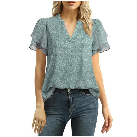 VerPetridure Women’s Dressy Casual Blouses Chiffon V Neck Petal Short Sleeve Shirts Summer Business Work Tops