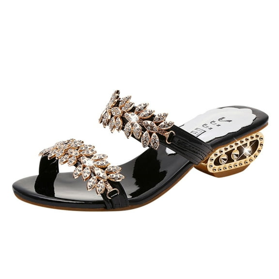 VerPetridure Women's Heeled Sandals Woman's Spring Summer Fashion Rhinestones Sequins Chunky Heel Sandals Slippers Shoes