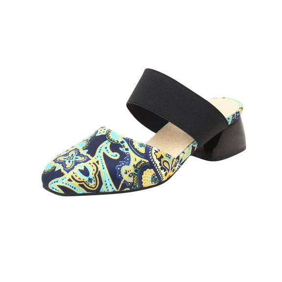 VerPetridure Women's Heeled Sandals Women's Casual Vacation Chunky Heel Printed Middle Heel Square Toe Sandals