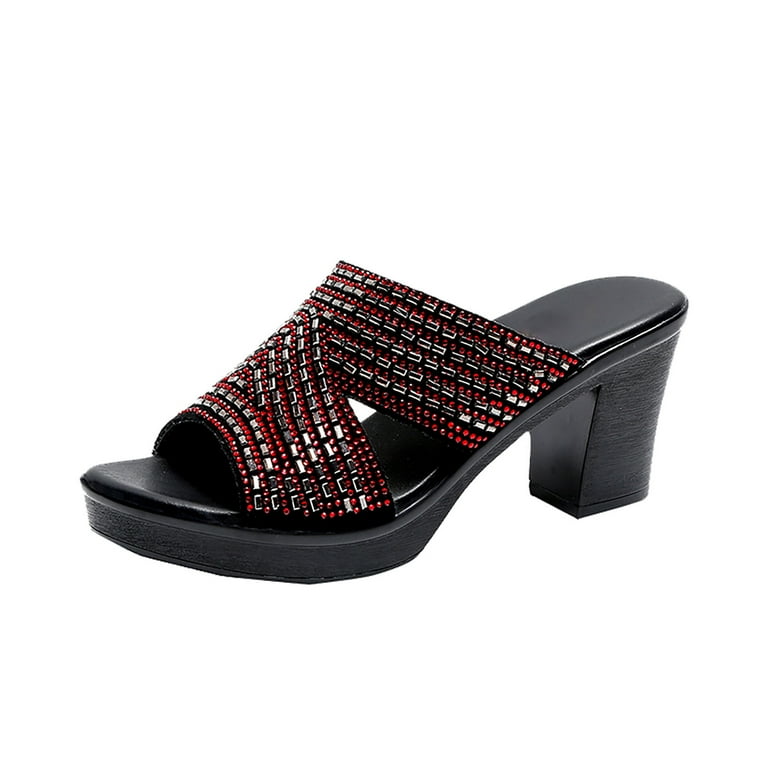 Black Rhinestone Half Slippers High-Heeled Mules Sandals Black Rhinestone Half Slippers High-Heeled Mules Sandals