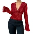 thumbnail image 1 of VerPetridure Women's Lace Blouse Flared Sleeve Deep V-Neck Lace Floral See Through Slim Fit Mesh Sheer Crop Tops Clubwear, 1 of 7