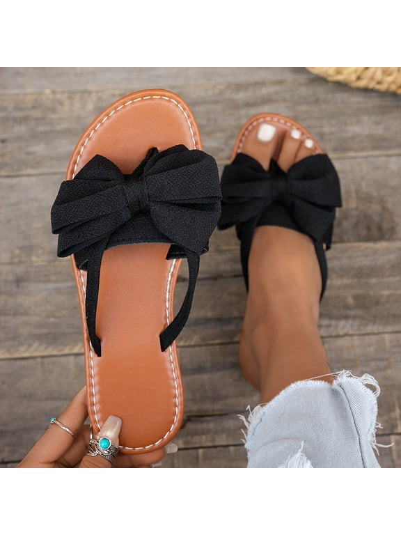 Women's Leopard Print Bow Flat Sandals Slip On Open Toe Flip Flops Slide Sandal, Black Size 6