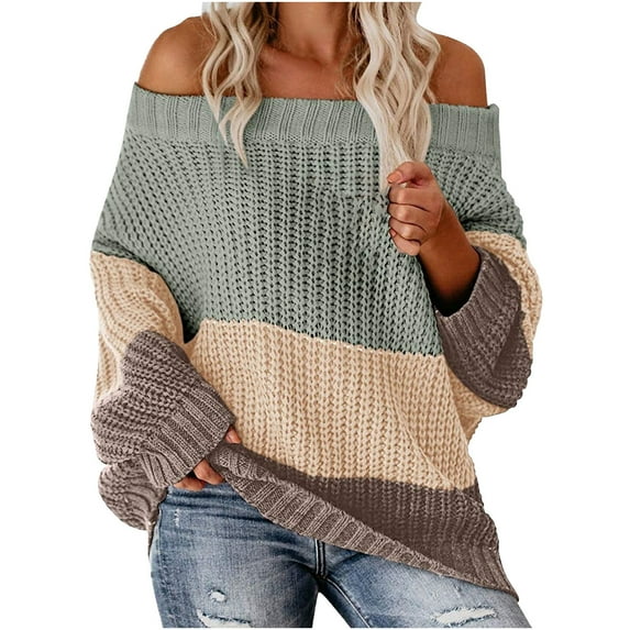 VerPetridure Women's Long Sleeve Crewneck Off Shoulder Pullover Sweaters Casual Loose Fit Color Block Knitted Sweaters Knitwear Tops