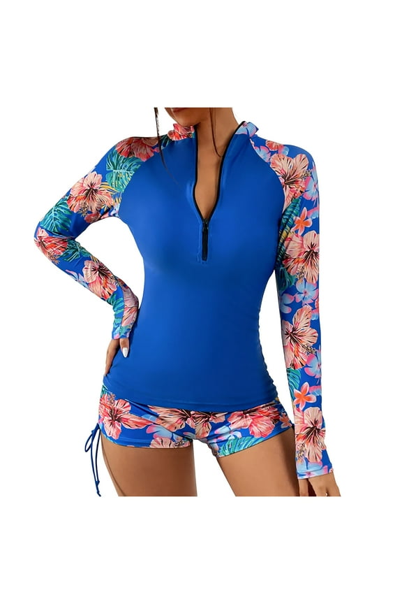 Women's Long Sleeve Zip-Front Rashguard One-Piece Swimsuit, Size M, Blue