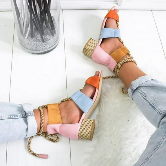 VerPetridure Women's Low Heel Fish Mouth Ankle Strap Color Matching Hemp Rope Straps Sandals Shoes