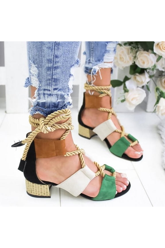 Women's Low Heel Fish Mouth Ankle Strap Color Matching Hemp Rope Straps Sandals Shoes