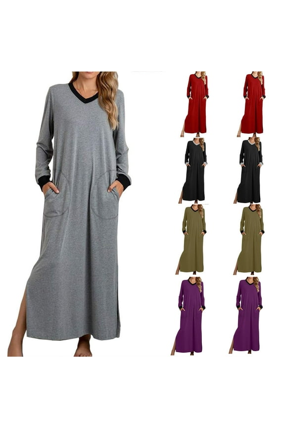 Women's Nightgown V Neck Nightshirts Long Sleeve Soft Sleepwear Side Split Pockets Long Nightdress S-XXL