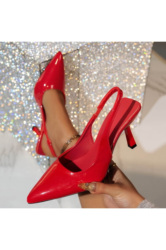 Women's Pointed Toe Slingback High Heels Stiletto Heels, Glossy Patent Leather Ankle Strap Dress Shoes for Evening, Party, Wedding & Formal Occasions, Red Size 6