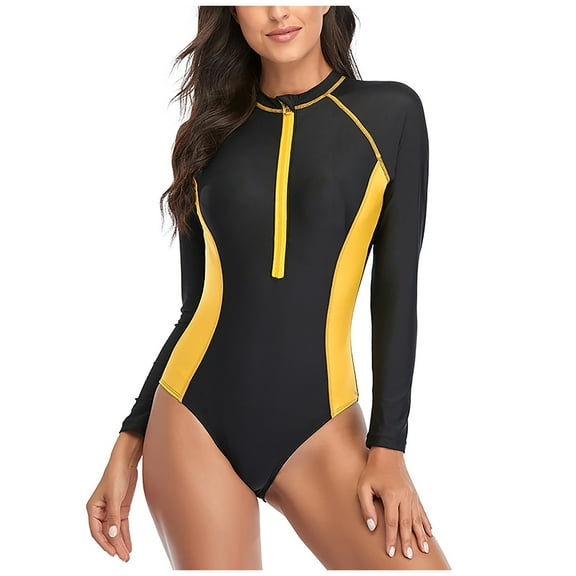 Utoimkio Women's Rash Guard One Piece Swimsuits Long Sleeve UV Protection Bathing Suit Floral Print Zipper Surfing Swimwear