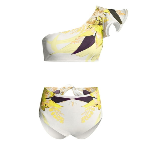 Utoimkio Women's Ruffled Bikini Sets One Shoulder Floral Print Bathing Suits High Waisted Tummy Control Swimsuits