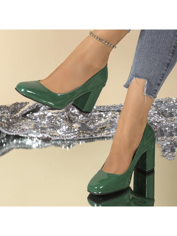 Women's Slip On Solid Square Toe Patent Block High Heel Pumps Shoes Green 8.5
