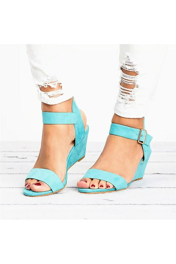 Women's Solid Color Round Toe Wedge Heel Buckle Suede Low Top Sandals Shoes