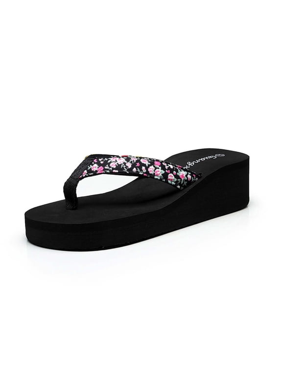 Women's Summer Casual Floral Wedge Flip Flops Platform Slip On Comfort Nonslip Beach Dress Thong Sandals
