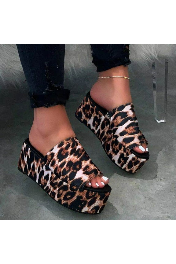 Women's Summer Sandals Open Toed Fish Mouth Platform Slippers Waterproof Platform Leopard Print Slippers
