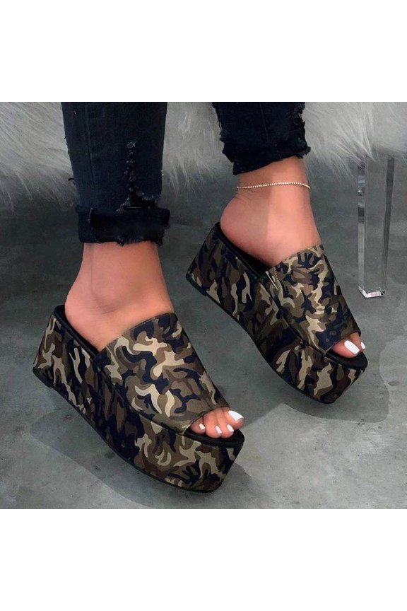 Women's Summer Sandals Open Toed Fish Mouth Platform Slippers Waterproof Platform Leopard Print Slippers